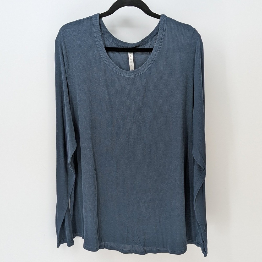 Fabletics 3X $68 Long Sleeve Ribbed Knit Scoop Neck Casual Dark Teal Blue Top